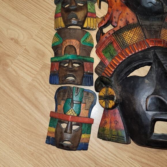 Vntg Hand Painted Hand Carved Myan Aztec Warrior Masks Sighned Set Of 6 Mexican - Picture 9 of 13